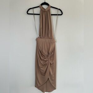 Miss Avenue Taupe Ruched Halter Dress Size Small Y2K Goddesscore Sexy Draped
